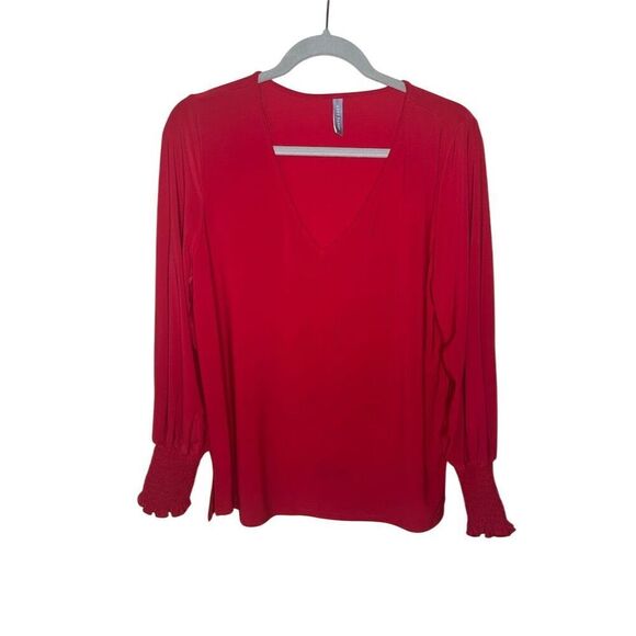 Unbranded Tops - Last Tango Women's Red V-Neck Blouse M Long Sleeve Smocked Cuffs Casual Top